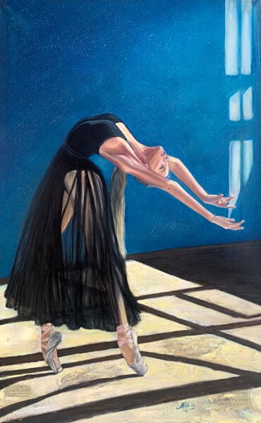 Painting titled "Ballerina. Black sw…" by Mkate, Original Artwork, Oil Mounted on Wood Stretcher frame