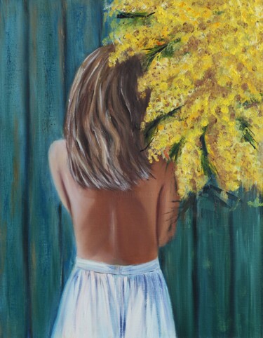 Painting titled "Mimosas" by Mkate, Original Artwork, Oil Mounted on Wood Stretcher frame