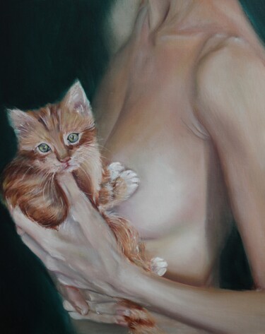 Painting titled "Red Cat" by Mkate, Original Artwork, Oil Mounted on Cardboard