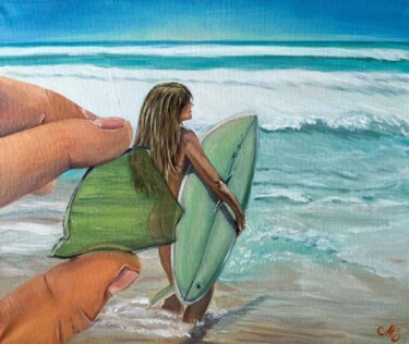 Painting titled "Lady surf the ocean" by Mkate, Original Artwork, Oil Mounted on Wood Stretcher frame