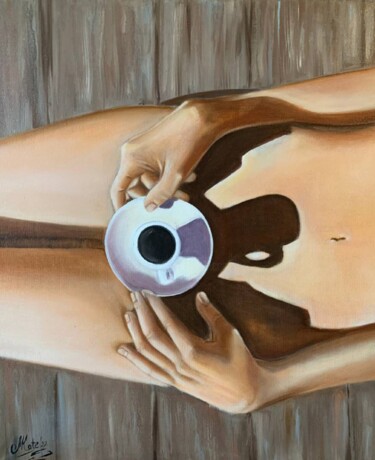 Peinture intitulée "Une tasse de café" par Mkate, Œuvre d'art originale, Huile Monté sur Châssis en bois