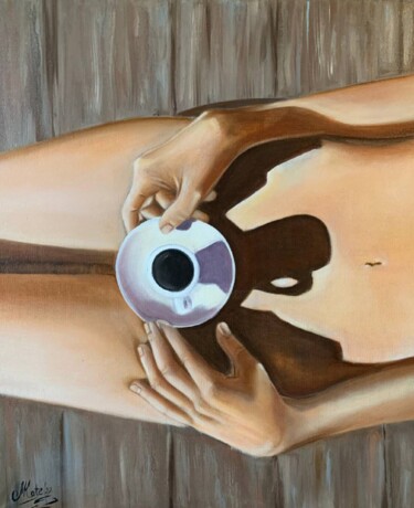 Painting titled "Une tasse de café" by Mkate, Original Artwork, Oil Mounted on Wood Stretcher frame