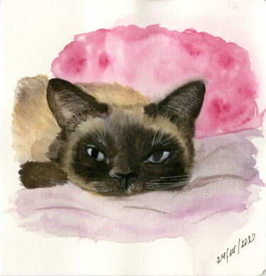 Malerei mit dem Titel "Grey cat" von Mkate, Original-Kunstwerk, Aquarell