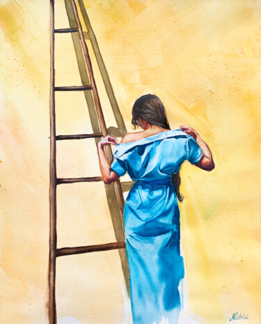 Malerei mit dem Titel "Lady in lazur dress" von Mkate, Original-Kunstwerk, Aquarell