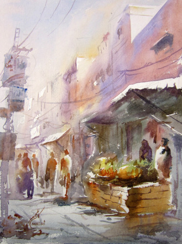 Painting titled "Fruit market waterc…" by M Kazmi, Original Artwork, Watercolor