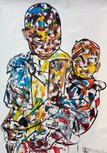 Schilderij getiteld "Mother and baby pai…" door Jafeth Moiane, Origineel Kunstwerk, Acryl