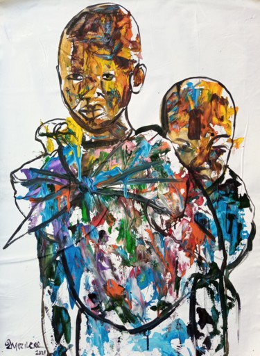 Little sister and baby brother painting, African painting Картина под названием "Little sister and b…" - Jafeth Moiane, Подлинное произведение искусства, Акрил
