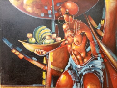 Woman carrying a fruit bowl, African painting, Oil painting Картина под названием "Woman carrying a fr…" - Jafeth Moiane, Подлинное произведение искусства, Масло