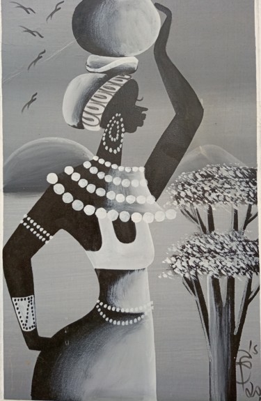 Peinture intitulée "Woman Carrying pot…" par Jafeth Moiane, Œuvre d'art originale, Huile