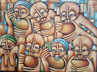 Pittura intitolato "Village people part…" da Jafeth Moiane, Opera d'arte originale, Olio