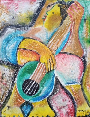 Malerei mit dem Titel "The guitar player p…" von Jafeth Moiane, Original-Kunstwerk, Öl