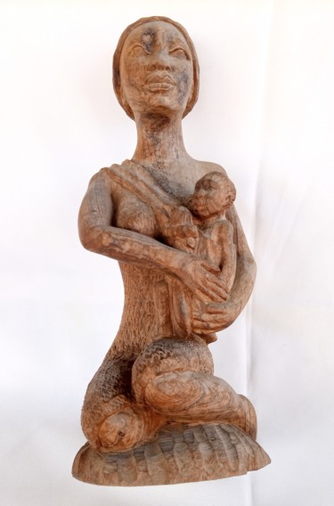 Escultura titulada "African woman and b…" por Jafeth Moiane, Obra de arte original, Madera