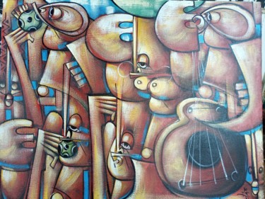 Картина под названием "The musicians paint…" - Jafeth Moiane, Подлинное произведение искусства, Масло