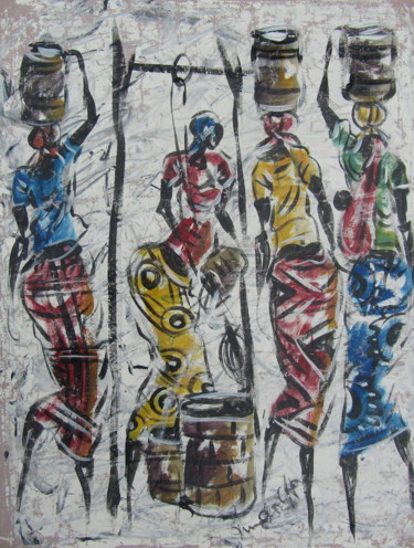Painting titled "African women carry…" by Jafeth Moiane, Original Artwork, Oil