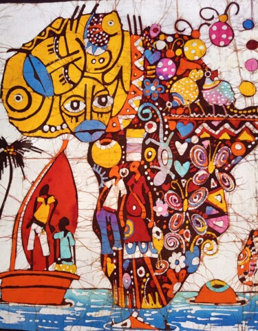 Картина под названием "Map of Africa batik…" - Jafeth Moiane, Подлинное произведение искусства, Воск