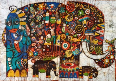 Pintura titulada "Elephant batik pain…" por Jafeth Moiane, Obra de arte original, Cera