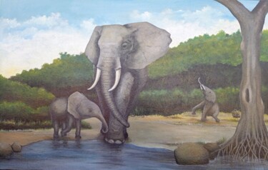 Malerei mit dem Titel "The elephants" von Jafeth Moiane, Original-Kunstwerk, Acryl