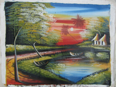 「The village,river a…」というタイトルの絵画 Jafeth Moianeによって, オリジナルのアートワーク, オイル