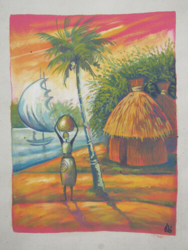 Malerei mit dem Titel "Woman and fishing" von Jafeth Moiane, Original-Kunstwerk, Acryl