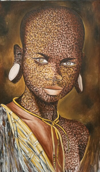Painting titled "Maasai tribe girl f…" by Jafeth Moiane, Original Artwork, Acrylic