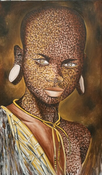 「Maasai tribe girl f…」というタイトルの絵画 Jafeth Moianeによって, オリジナルのアートワーク, アクリル