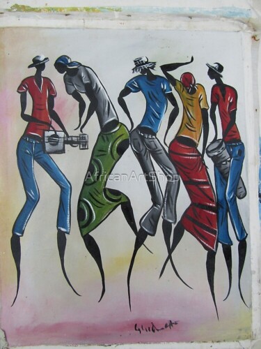 Ζωγραφική με τίτλο "African village peo…" από Jafeth Moiane, Αυθεντικά έργα τέχνης, Λάδι
