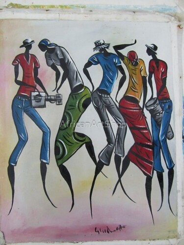 Painting titled "African village peo…" by Jafeth Moiane, Original Artwork, Oil