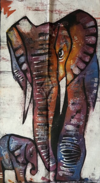Pintura intitulada "Elephants" por Jafeth Moiane, Obras de arte originais, Cera
