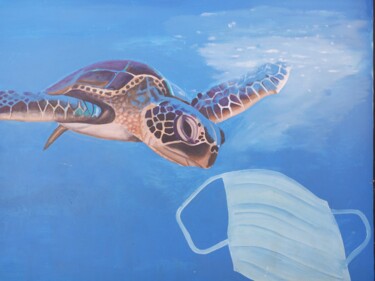 Malerei mit dem Titel "Turtle and mask" von Jafeth Moiane, Original-Kunstwerk, Acryl