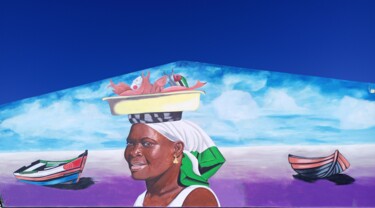 Malerei mit dem Titel "Woman selling fish" von Jafeth Moiane, Original-Kunstwerk, Acryl