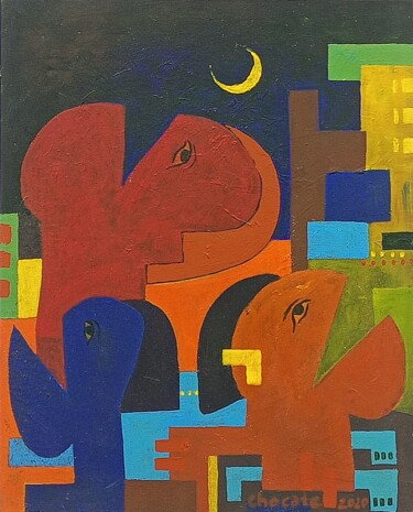 Schilderij getiteld "City at midnight" door Jafeth Moiane, Origineel Kunstwerk, Acryl