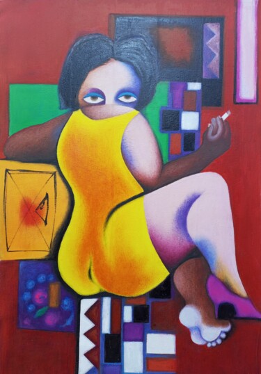 Painting titled "Cigarette lover wom…" by Jafeth Moiane, Original Artwork, Acrylic