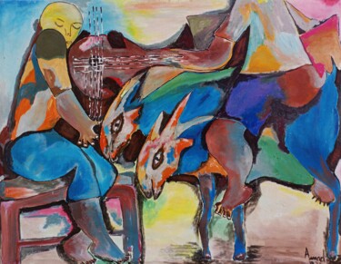 Картина под названием "Cattle breeders and…" - Jafeth Moiane, Подлинное произведение искусства, Акрил