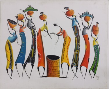 「African village wom…」というタイトルの絵画 Jafeth Moianeによって, オリジナルのアートワーク, アクリル