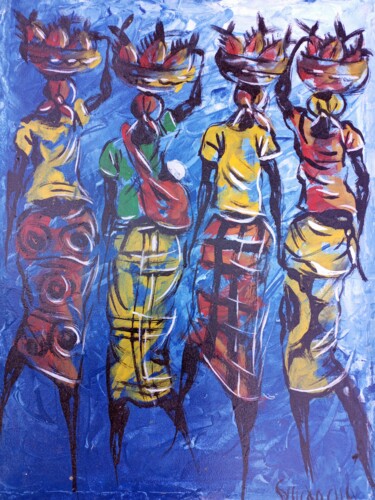 Painting titled "Black women selling…" by Jafeth Moiane, Original Artwork, Acrylic