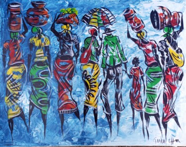 Malerei mit dem Titel "The daily of Africa…" von Jafeth Moiane, Original-Kunstwerk, Acryl