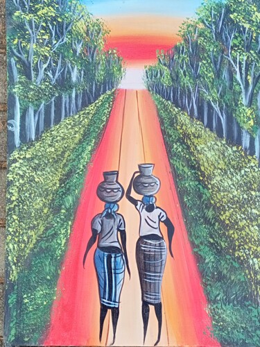 Pintura titulada "African village wom…" por Jafeth Moiane, Obra de arte original, Acrílico