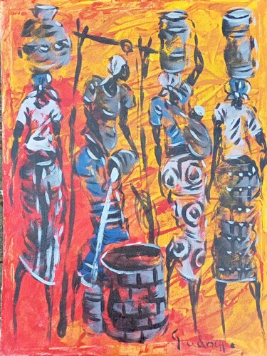 「African village wom…」というタイトルの絵画 Jafeth Moianeによって, オリジナルのアートワーク, アクリル