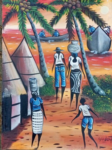 「African village peo…」というタイトルの絵画 Jafeth Moianeによって, オリジナルのアートワーク, アクリル