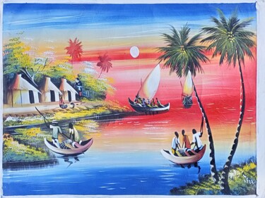 Painting titled "Fisherman fishing" by Jafeth Moiane, Original Artwork, Acrylic