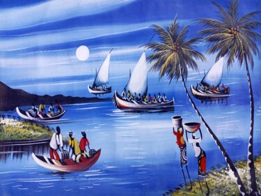 Malerei mit dem Titel "Fishery art" von Jafeth Moiane, Original-Kunstwerk, Acryl