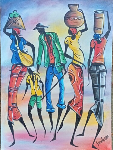 Painting titled "African village fam…" by Jafeth Moiane, Original Artwork, Acrylic