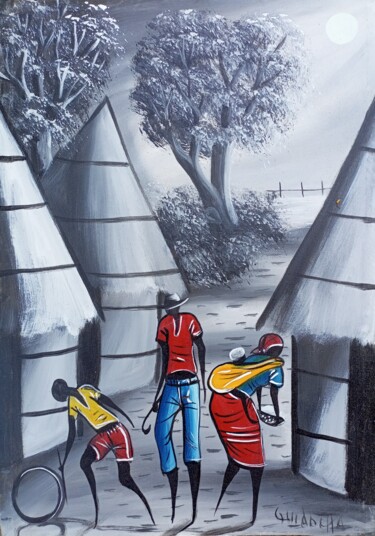 Painting titled "Village people, Afr…" by Jafeth Moiane, Original Artwork, Acrylic