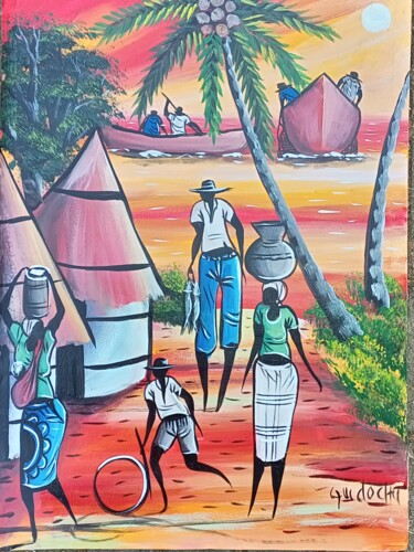 Painting titled "African village peo…" by Jafeth Moiane, Original Artwork, Acrylic