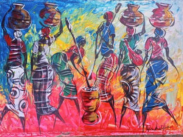 Картина под названием "African village wom…" - Jafeth Moiane, Подлинное произведение искусства, Акрил