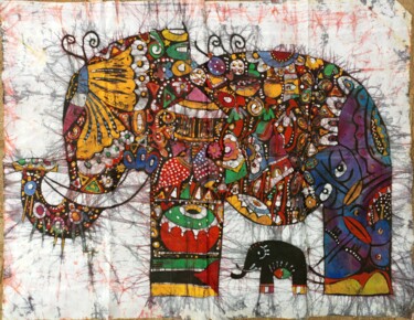 Painting titled "Mother elephant and…" by Jafeth Moiane, Original Artwork, Wax