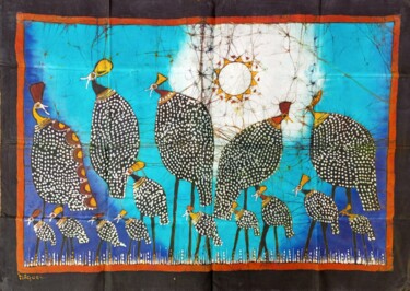 Malerei mit dem Titel "Guinea fowls, Afric…" von Jafeth Moiane, Original-Kunstwerk, Wachs