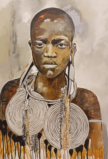 Pintura intitulada "Maasai woman, Maasa…" por Jafeth Moiane, Obras de arte originais, Acrílico