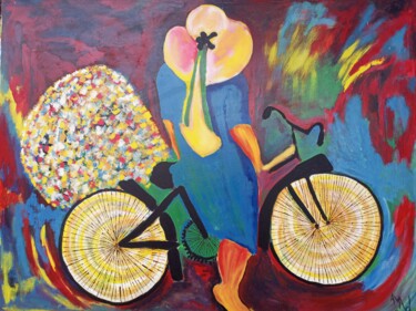 Painting titled "Woman on bicycle pa…" by Jafeth Moiane, Original Artwork, Acrylic