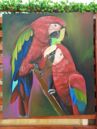 Painting titled "Colorful parrots pa…" by Jafeth Moiane, Original Artwork, Acrylic